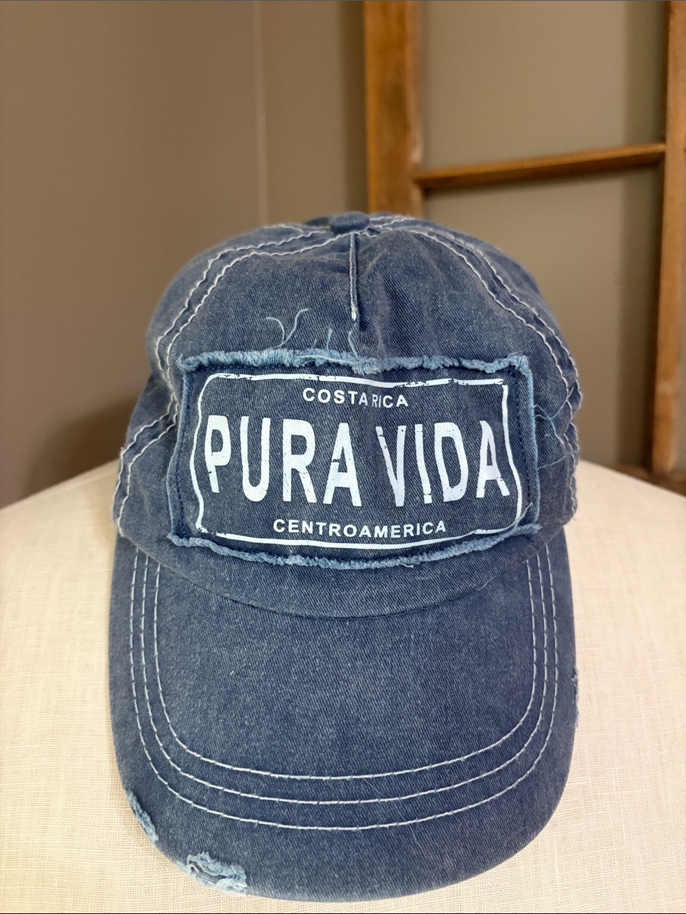 Pura Vida Costa Rica blue Denim Frayed Patch Baseball Cap